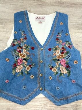 Vintage 90s Floral Embroidered Denim Vest Womens M Boho Cottagecore Agapo